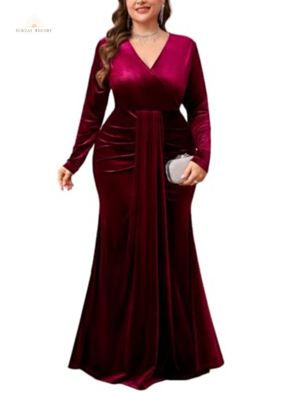 Plus Size Velvet Wrap Mermaid Maxi Dress Long Sleeve V-Neck Formal Gown